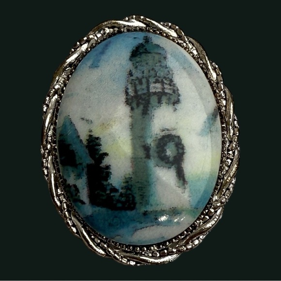 Jewelry - Vintage Lighthouse Brooch Pendant Silver Tone Ceramic